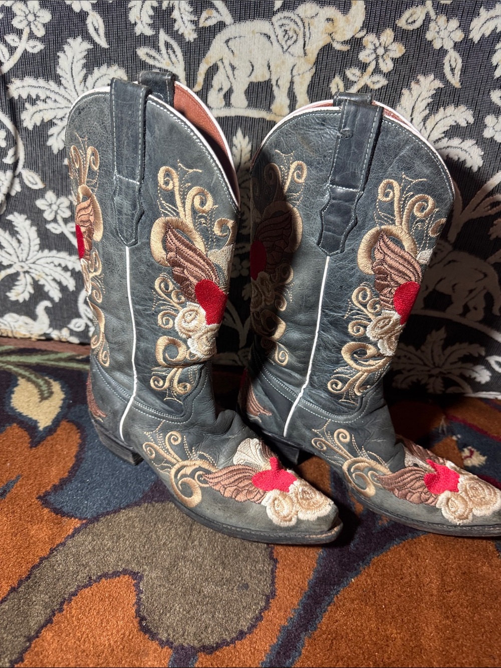 New Gringo (Old Gringo) Dark Gray Leather Cowboy Boots with Red & Tan Embroidery